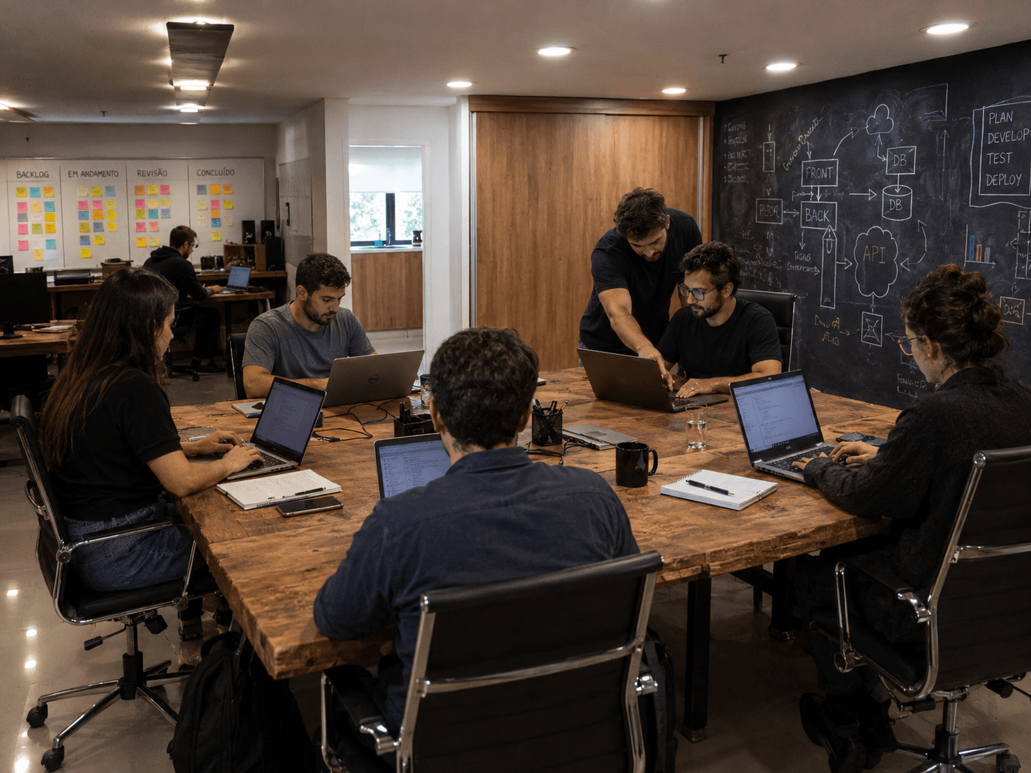 SIX team working around a table, with planning on the whiteboard